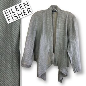Eileen Fisher 100% Woven Linen Striped Open Front Jacket Blouse In Gray Sz L/P